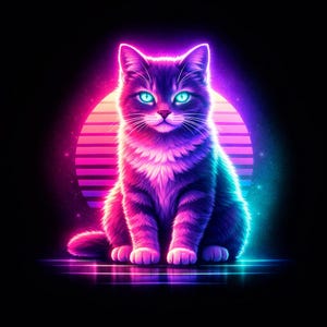 Puede incluir: Ilustración digital de un gato con estética neón retro. El gato está representado en tonos de morado, rosa y verde azulado, con contornos brillantes y ojos turquesa brillantes. Una forma de sol a rayas rosas y moradas está en el fondo.