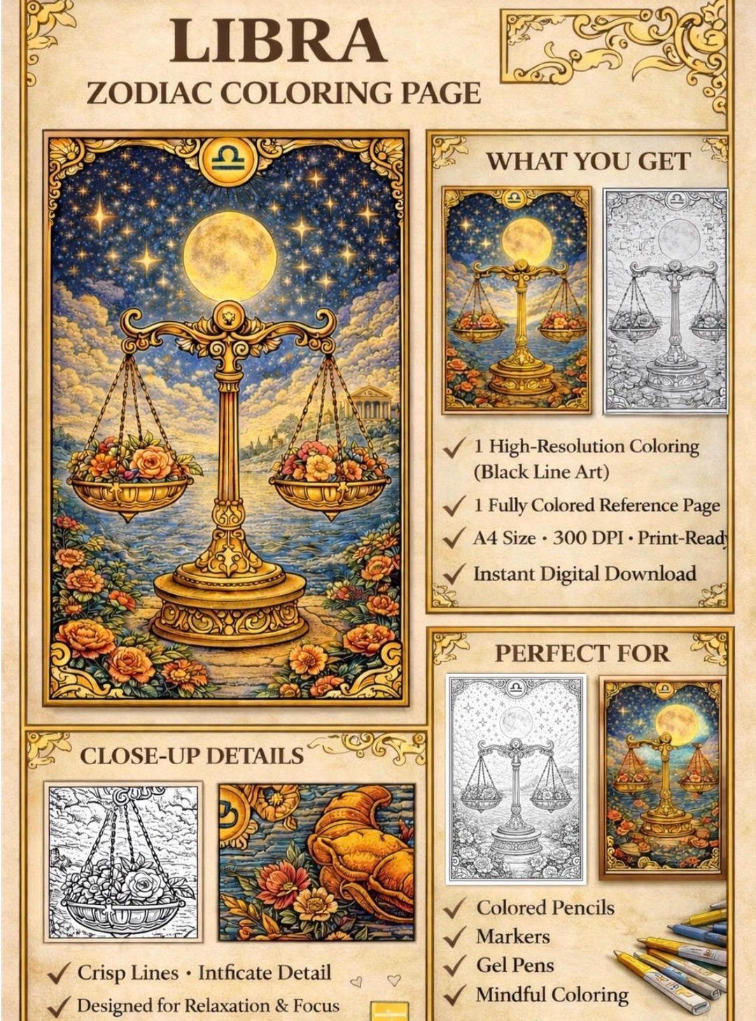 Libra Zodiac Coloring Page – Printable Adult Coloring Page | Libra ...