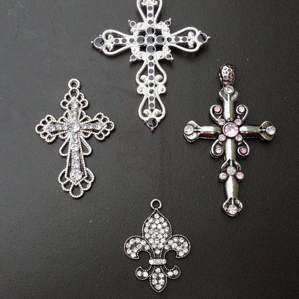 4- Ornate Jeweled/Enameled Crosses/Pendants/Charms - Different Sizes- New-