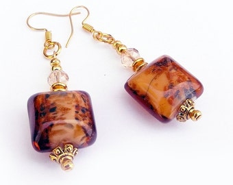 Animal Print Hand Blown Foil Murano Glass Champagne Crystal Vintage Beads Gold Plated Earrings