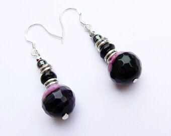 Genuine Black Onyx Pink Druzy Agate Hematite Antique and Sterling Silver Earrings