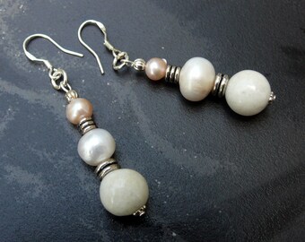 White Mountain Jade Pink & White Cultured Pearl Antique and Sterling Silver Earrings