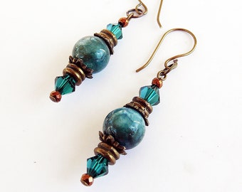 Natural Blue Apatite Swarovski Green Crystals Antique Bronze Dangle Drop Earrings