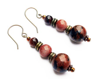 Genuine Tigers Eye Sandstone Antique Bronze Hand Crafted Dangle Drop Earrings