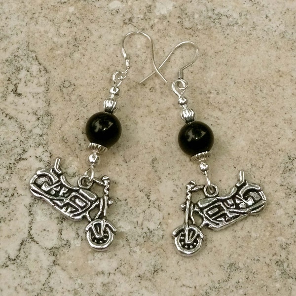 Genuine Black Onyx Harley Davidson Inspired Fatboy Motorcycle Antique/Sterling Silver Biker Earrings