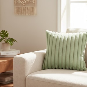 Peut inclure: Un coussin décoratif carré vert clair avec une texture côtelée est posé sur un canapé crème. Le coussin est le point central, avec un aspect doux et moelleux. Le canapé est en tissu texturé. Une petite plante et des livres sont visibles en arrière-plan.