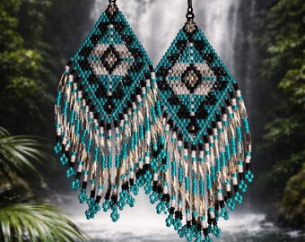 Turquoise Beaded Fringe Earrings, Miyuki Delica Seed Beads, Boho Western Tribal Style