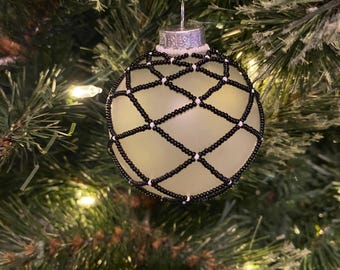 Hand Beaded Christmas Ornament | Frosted Glass Ball with Handwoven Seed Bead Net | Handmade Holiday Tree Decor | Christmas Gift