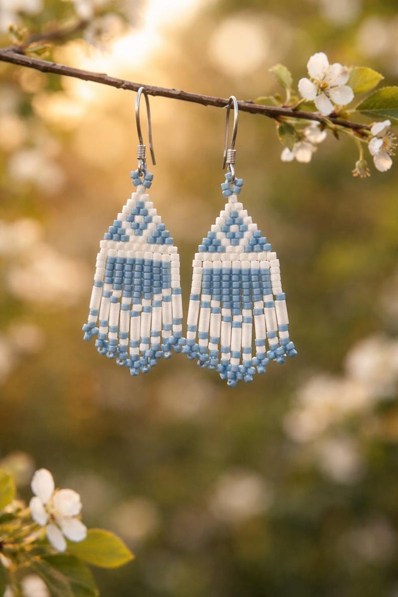 Beautiful Native American blue and white earrings about (1 1/2 “ long & about 1/2” wide) image 1
