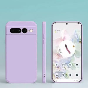 May include: A lavender phone case and a smartphone with a floral wallpaper are displayed against a light blue background. The phone case has a camera cutout and button details. The phone screen shows the date and time, along with app icons.