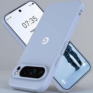 May include: Pale blue smartphone case featuring a camera module and the Google logo. The phone screen shows the time 07:35 and the month of August. The case has a smooth finish and protects the phone's edges.