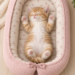 May include: An oval-shaped, blush pink fabric pet bed with a textured, waffle-weave exterior and a soft, cream-colored interior lining featuring a repeating pattern of small brown paw prints. A small fabric bow is attached to the front edge.