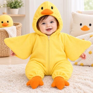 May include: A bright yellow fleece onesie featuring a duck-themed hood with an orange beak, wide wing-like sleeves, and attached orange duck feet at the ankles. The garment includes a central vertical zipper closure extending from the neck.