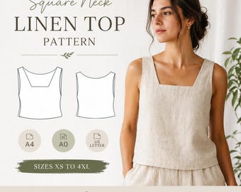 Square Neck Linen Tank Top Sewing Pattern | Oversized Crop Top PDF (XS-4XL)