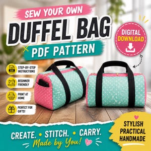 Könnte beinhalten: Zwei zylindrische Reisetaschen in Türkis mit weißen Punkten, rosa Akzenten und schwarzen Griffen. Eine Tasche hat ein Handy in der Tasche. Der Text lautet: "Sew Your Own Duffel Bag PDF Pattern" und "Digital Download."