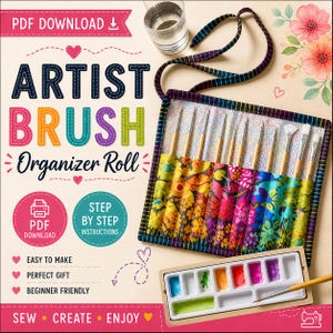 Puede incluir: Un organizador de pinceles de artista con un colorido estampado floral, que contiene varios pinceles. El rollo está abierto, mostrando los pinceles, y está acompañado de una paleta de acuarela y un vaso de agua. El texto en la imagen dice "Artist Brush Organizer Roll".