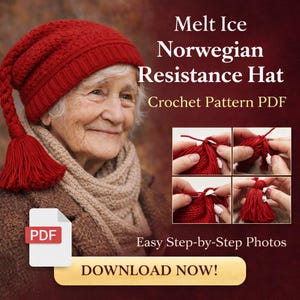 May include: A red crochet hat with a tassel, titled "Melt Ice Norwegian Resistance Hat." The image includes step-by-step photos and the text "Crochet Pattern PDF" and "DOWNLOAD NOW!"
