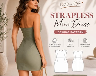Strapless Mini Dress Sewing Pattern | Sweetheart Neck, Princess Seams (PDF Download)