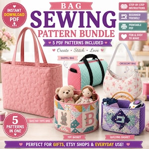 Könnte beinhalten: Ein digitales Schnittmuster-Set mit fünf Projekten: eine gesteppte rosa Tragetasche, eine türkisfarbene Reisetasche, eine florale Halbmondtasche, ein Patchwork-Spielzeugkorb mit Teddy und Puppe sowie ein violetter Patchwork-Nähkorb.