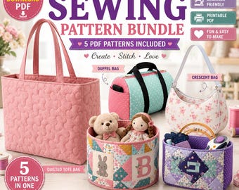 5 Bag Sewing Pattern Bundle PDF | Quilted Tote Bag, Duffel Bag, Crescent Bag, Toy Basket & Storage Basket | Instant Download