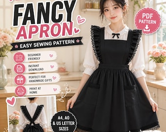 Fancy Apron Sewing Pattern PDF Vintage Pinafore Apron with Pocket Easy Beginner Ruffle Kitchen Apron A4 A0 US Letter Files