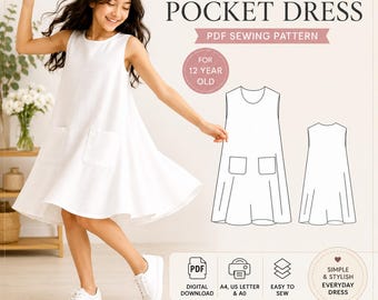 Kids Dress Sewing Pattern | Sleeveless Pocket Dress Sewing Pattern | Tent Dress PDF Pattern | Knee A-Line Dress | Round Neck Girls Dress