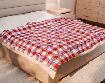 Red Plaid Velveteen Blanket, Blue Bows, Girly Country Style