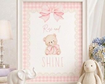 Pink Teddy Bear Nursery Print, Gingham Bow, Coquette Decor (Digital Download)