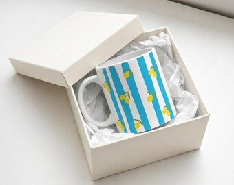 Lemon Striped Ceramic Coffee Mug, 11oz Mediterranean Style Blue and White Tea Cup, Citrus Kitchen Decor, Summer Gift, Italy Aesthetic