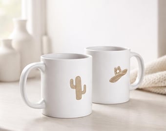 Cowboy & Cactus Mug Set, Western Gift for Her, Desert 11oz Coffee Cup, Cute Minimalist Cowboy Hat Mug, Housewarming Gift, For Country Lovers