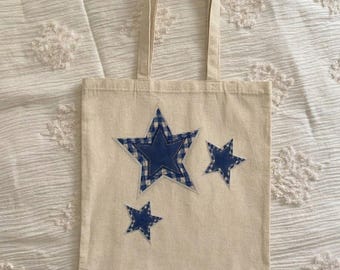 Y2K Tote Bag, Patchwork Star Tote Bag, Blue Plaid & Denim Beach Bag, Aesthetic Reusable Grocery Bag, Starry Tote