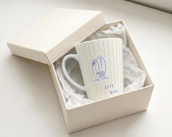 Surfboard Latte Mug, Lets Ride Yellow Striped Ceramic Coffee Cup, 12oz Tapered Surfing Gift for Beach Lovers, Nautical Coastal Kitchen Decor