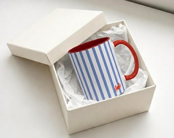 Blue Striped Crab Mug, Coastal Coffee Cup, Ocean Lover Gift, Sea Life Ceramic Mug, Beach House Decor, 11oz