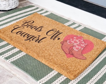 Boots Off Cowgirl Doormat, Pink Cowgirl Boots Welcome Mat, Valentines Day Welcome Mat, Country Door Rug