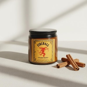 Fireball Cinnamon Whiskey Soy Candle, Spicy Cinnamon Scented Candle, 4oz and 9oz Amber Jar Candle, Cozy Bar Aesthetic, Whiskey Lover Gift image 1