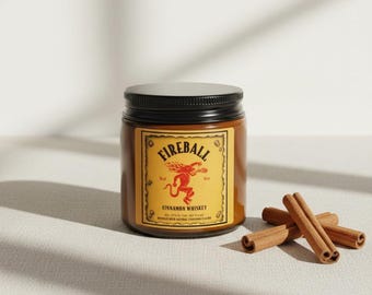 Fireball Cinnamon Whiskey Soy Candle,  Spicy Cinnamon Scented Candle, 4oz and 9oz Amber Jar Candle, Cozy Bar Aesthetic, Whiskey Lover Gift