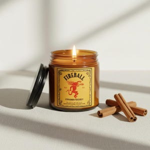 Fireball Cinnamon Whiskey Soy Candle, Spicy Cinnamon Scented Candle, 4oz and 9oz Amber Jar Candle, Cozy Bar Aesthetic, Whiskey Lover Gift image 2