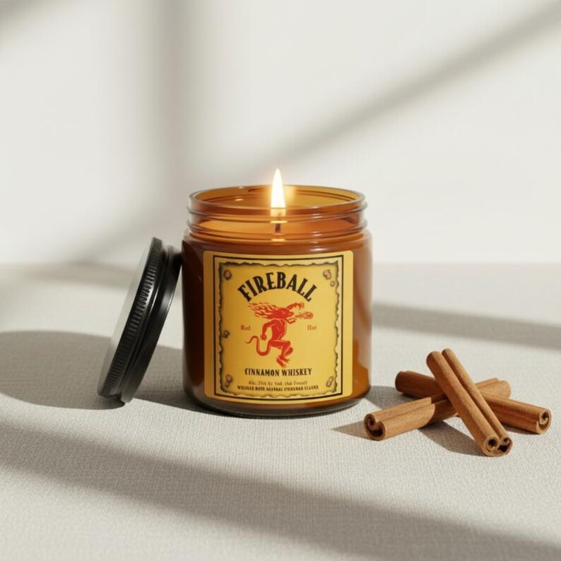 Fireball Cinnamon Whiskey Soy Candle, Spicy Cinnamon Scented Candle, 4oz and 9oz Amber Jar Candle, Cozy Bar Aesthetic, Whiskey Lover Gift image 2