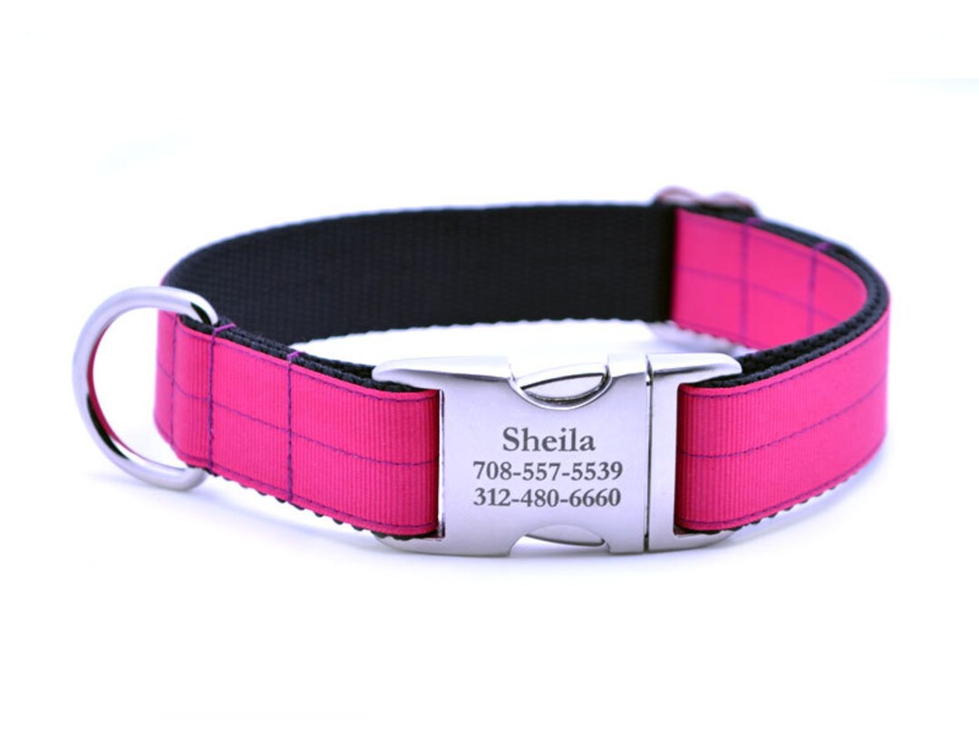 Shocking Pink Ribbon & Webbing Dog Collar With Laser Engraved - Etsy