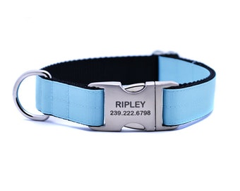 Baby Blue Ribbon & Webbing Dog Collar with Laser Engraved Personalized Buckle