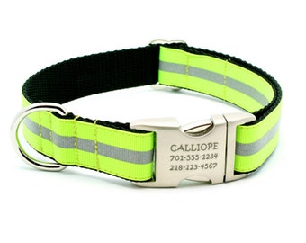 Reflective Dog Collar with Laser Engraved Personalized Buckle - NEON YELLOW