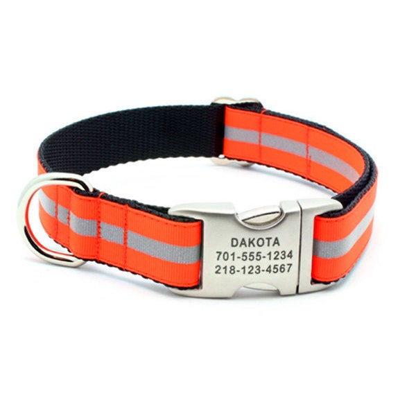 Reflective Dog Collar with Laser Engraved Personalized Buckle - NEON ORANGE