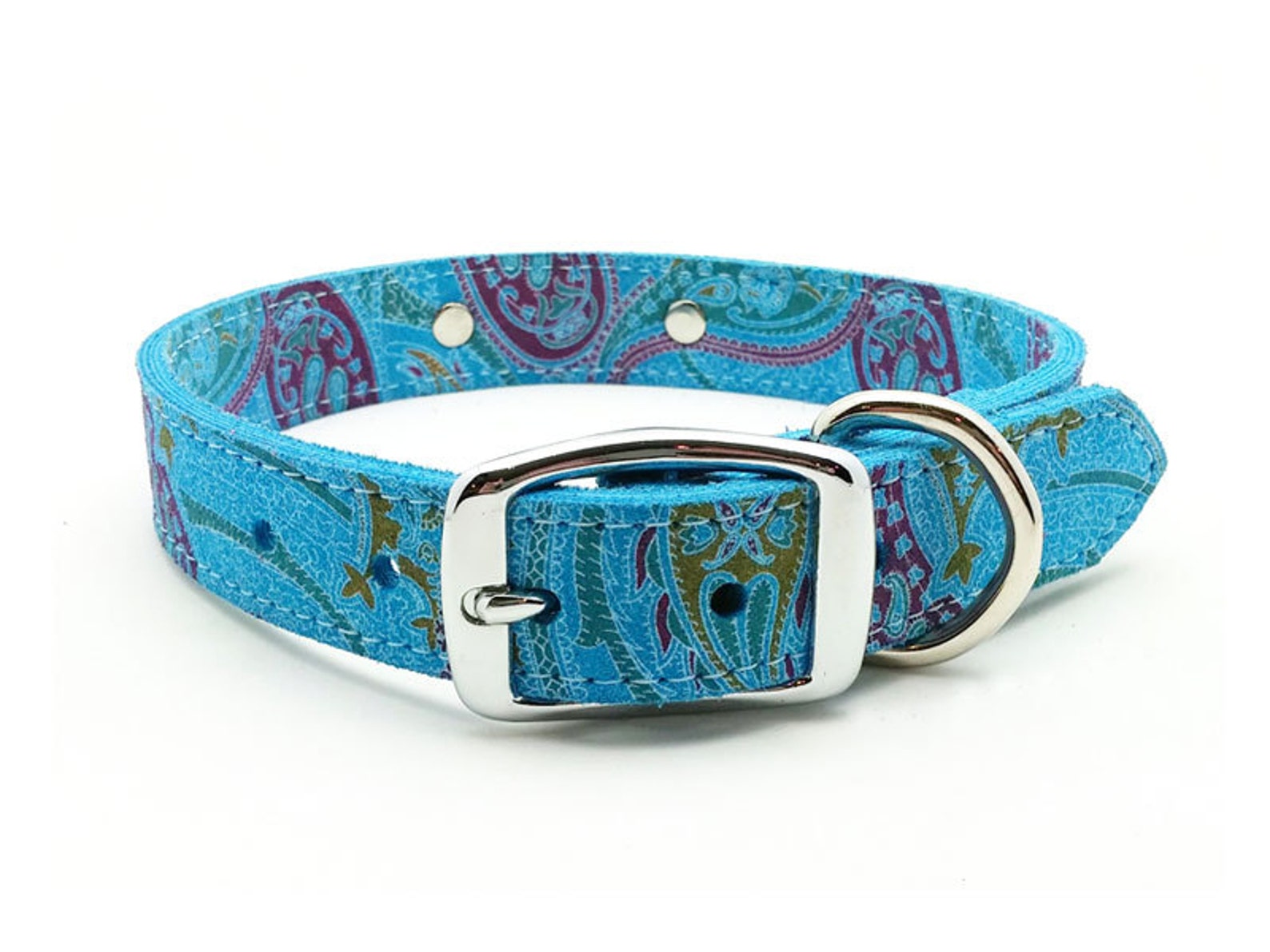 Paisley Suede Leather Dog Collar With Laser Engraved Etsy