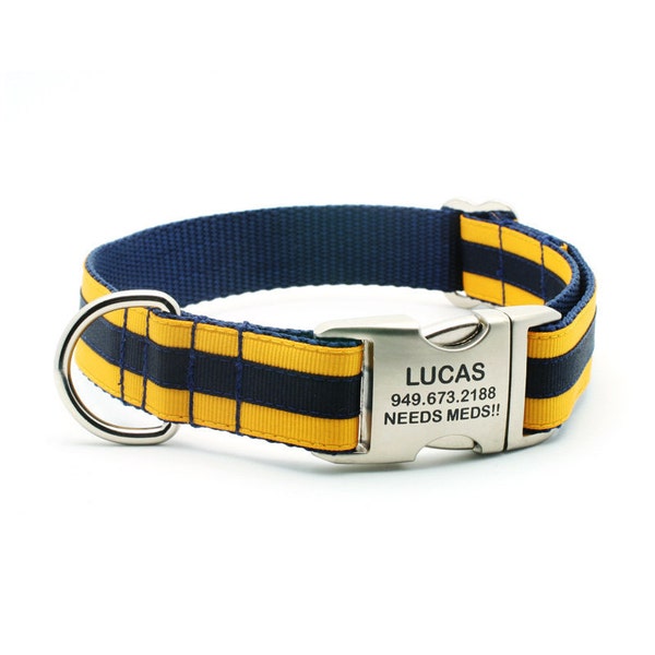 Layered Stripe Laser Engraved Personalized Dog Collar - Navy/Yellow Gold