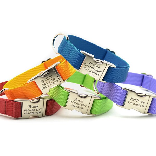 HEAVY DUTY Webbing Dog Collar with Laser Engraved Personalized Buckle