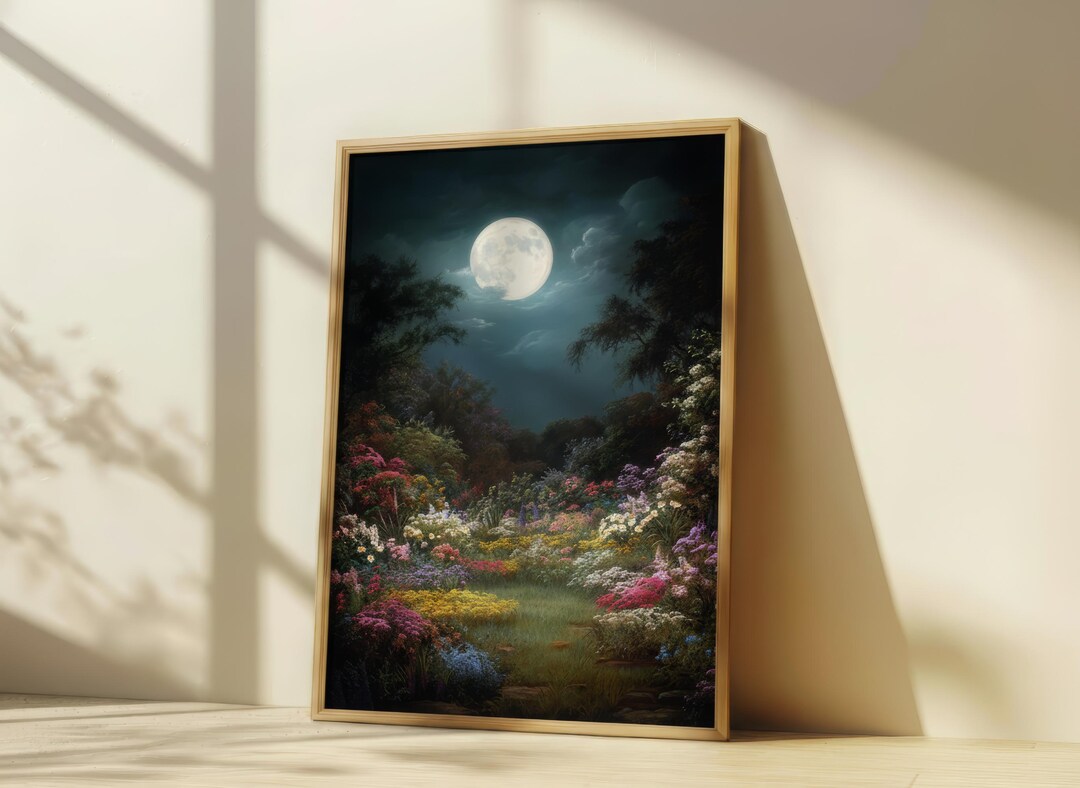 Moonlight Garden Canvas Art Night Floral Landscape Wall Decor Moonlit ...