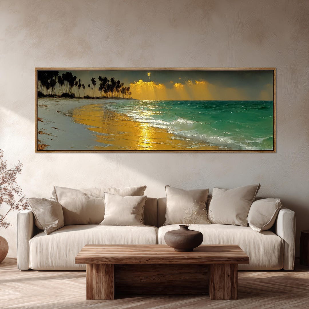 Tropical Beach Sunset Canvas Printing Panoramic Seascape Wall Art Palm ...