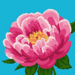 May include: A pixelated image of a pink peony flower with a yellow center and green leaves against a bright blue background. The flower petals are various shades of pink, creating depth and dimension. The image has a cross-stitch or embroidery style.