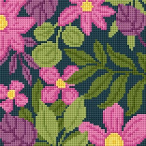 May include: A pixelated floral pattern featuring pink flowers with yellow centers, purple leaves, and green foliage against a dark teal background. The design has a cross-stitch or mosaic appearance, creating a textured effect.