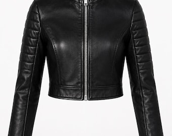 women's Black Cropped Leather Jacket – Quilted Sleeve Moto Biker Style Coat